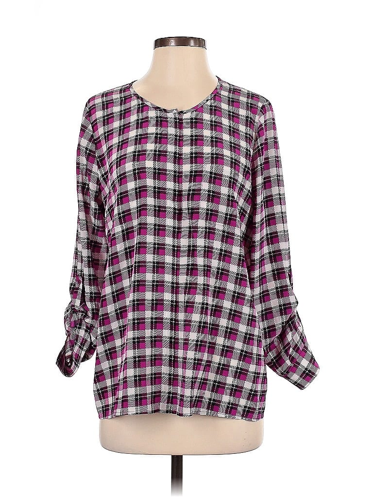 Click to view more detailed imagery on our partner's website Pre-owned Joie 3/4 Sleeve Silk Top Purple Plaid Pattern Square Neckline Tops