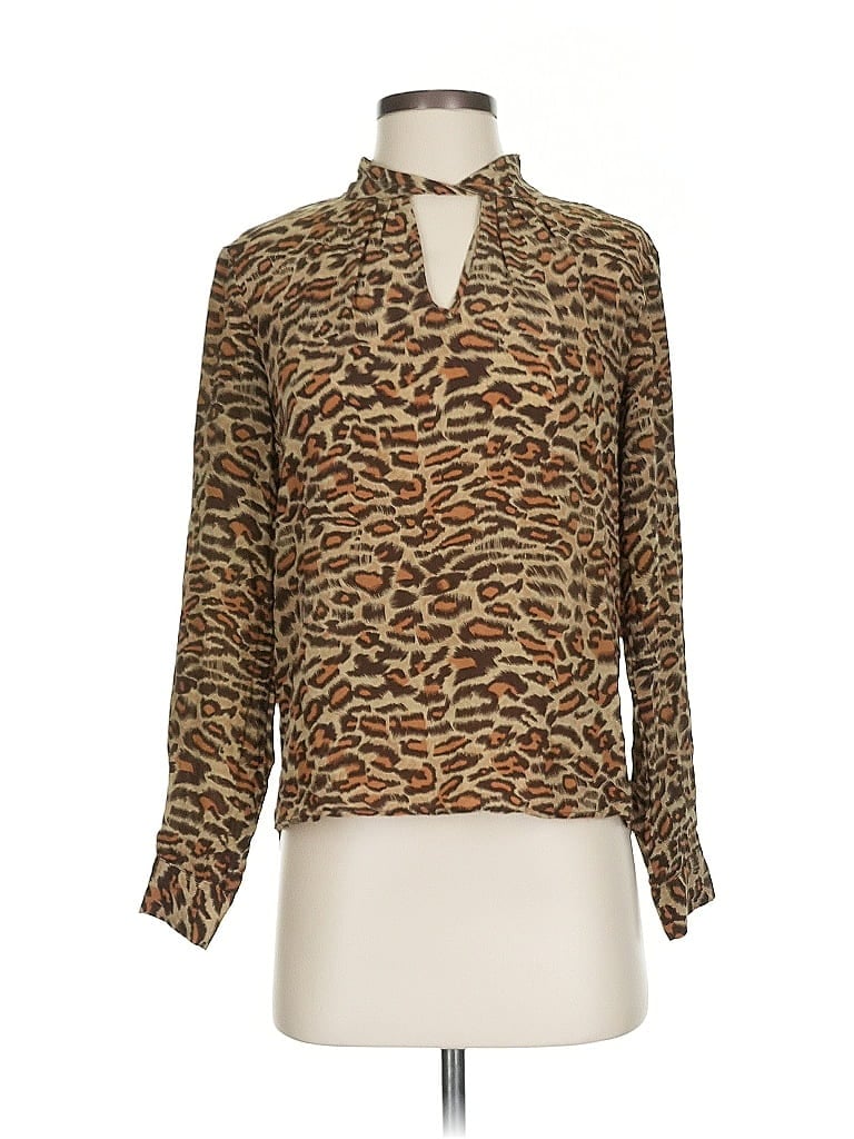 Click to view more detailed imagery on our partner's website Pre-owned Amour Vert Long Sleeve Silk Top Brown Animal Print Pattern Cowl Neck Tops