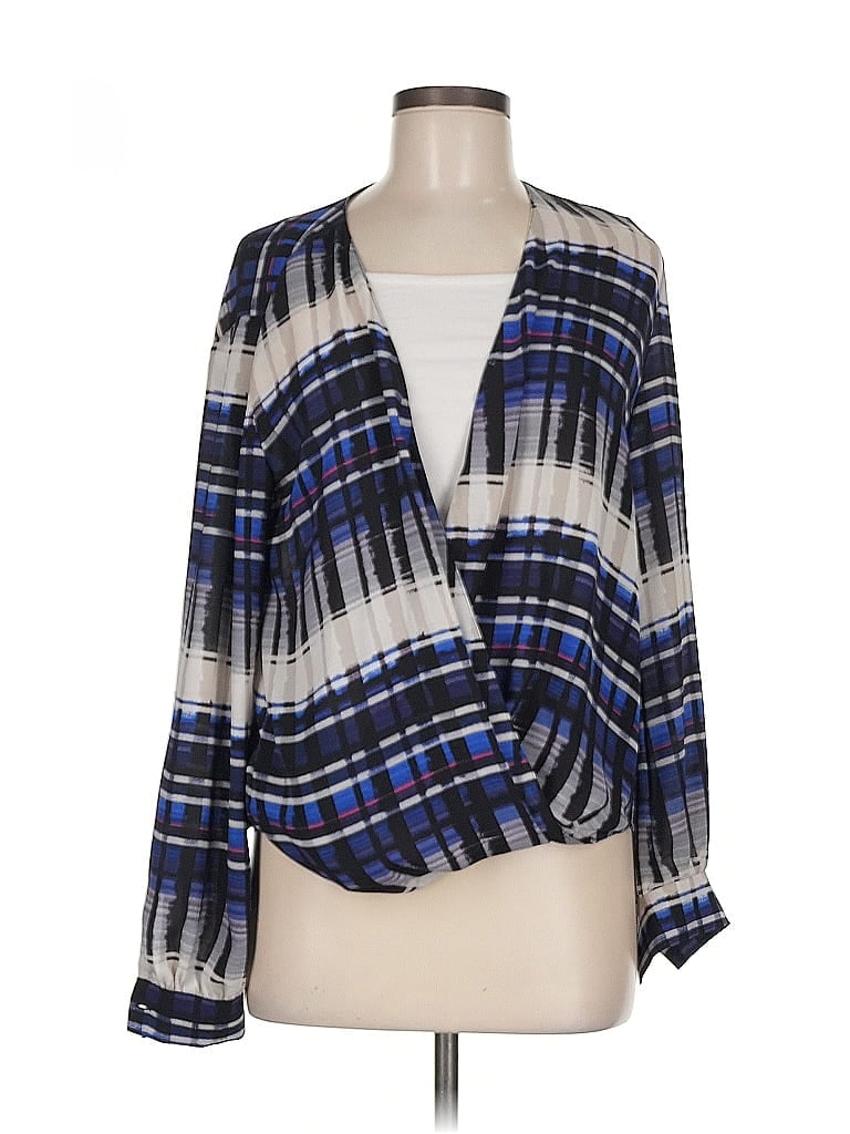 Pre-owned Ann Taylor Factory Long Sleeve Top Blue Plunge Neckline Tops