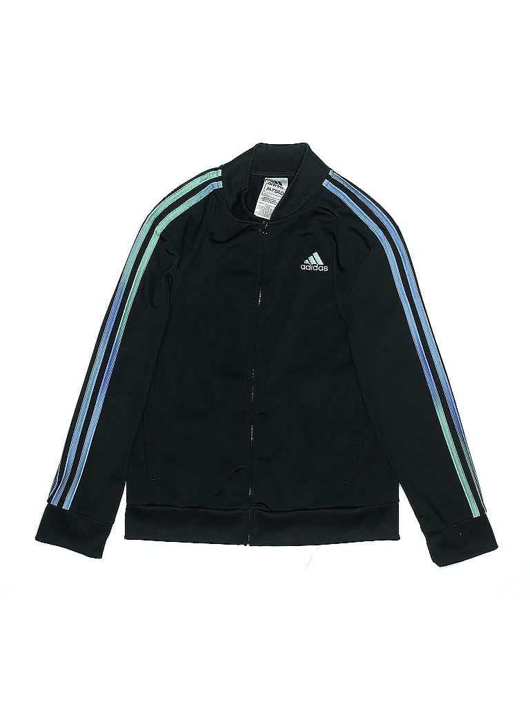 Adidas 100% Polyester Stripes Black Blue Track Jacket Size 10 - photo 1
