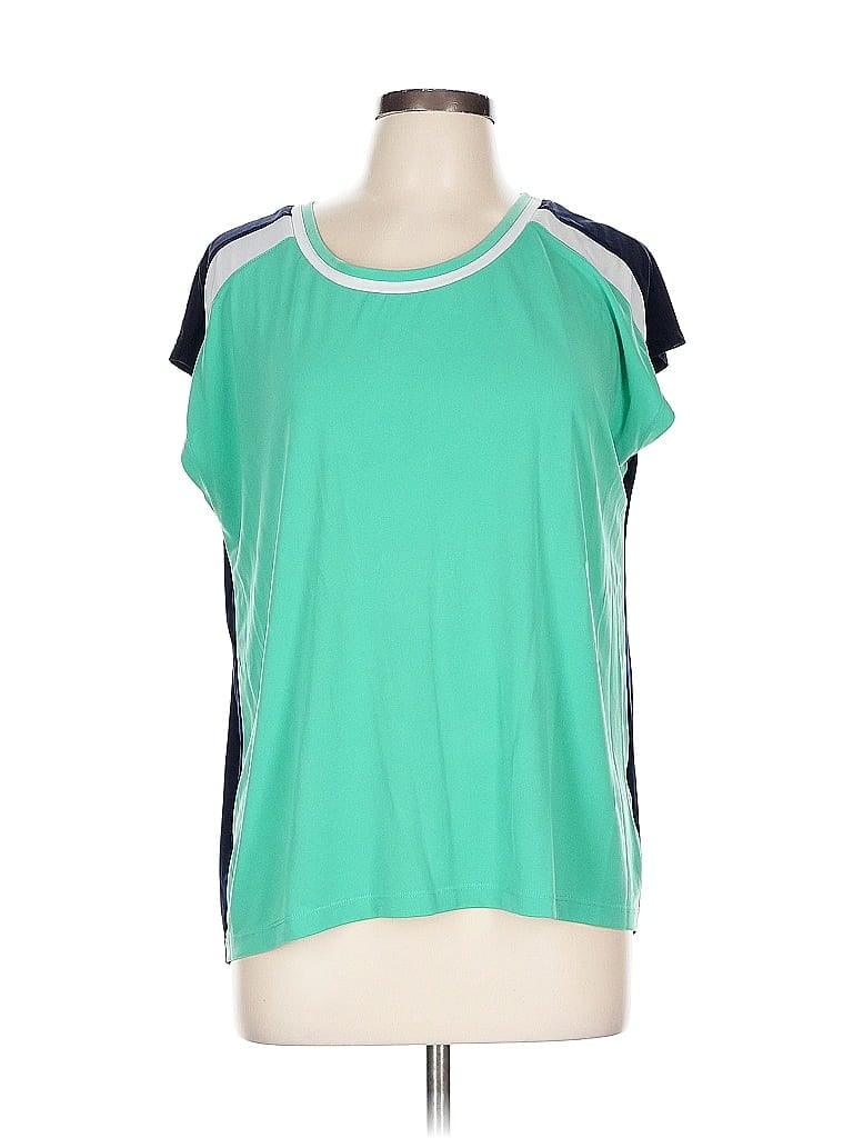 Pre-owned Jones New York Signature Short Sleeve Top Green Color Block Pattern Crew Neck Tops
