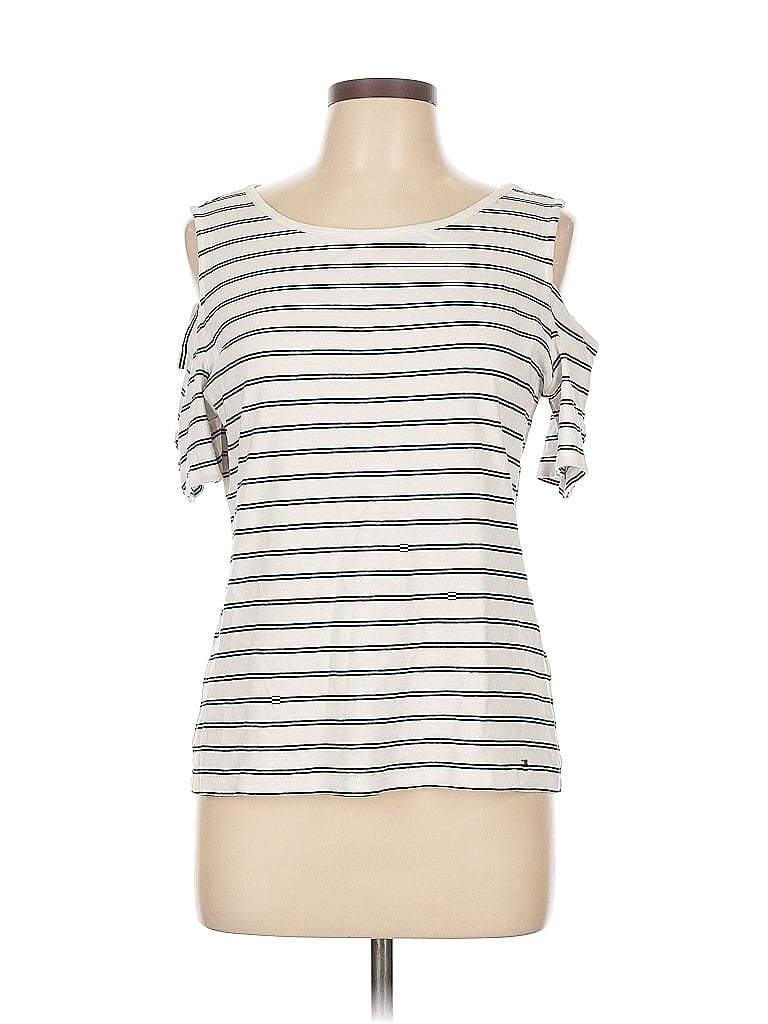 Pre-owned Tommy Hilfiger Short Sleeve Top Ivory Cold Shoulder Neckline Tops In White
