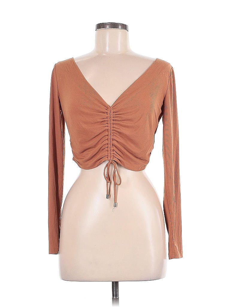 Pre-owned Significant Other Long Sleeve Top Tan Plunge Neckline Tops In Brown