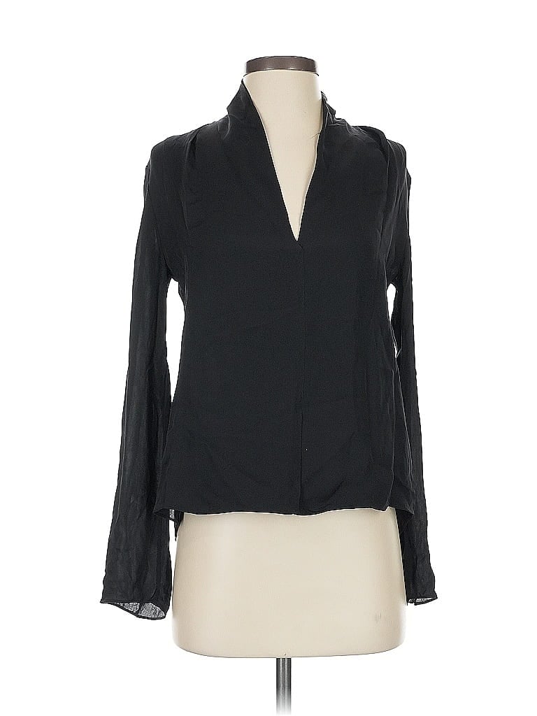 Pre-owned Vince Long Sleeve Silk Top Black Plunge Neckline Tops