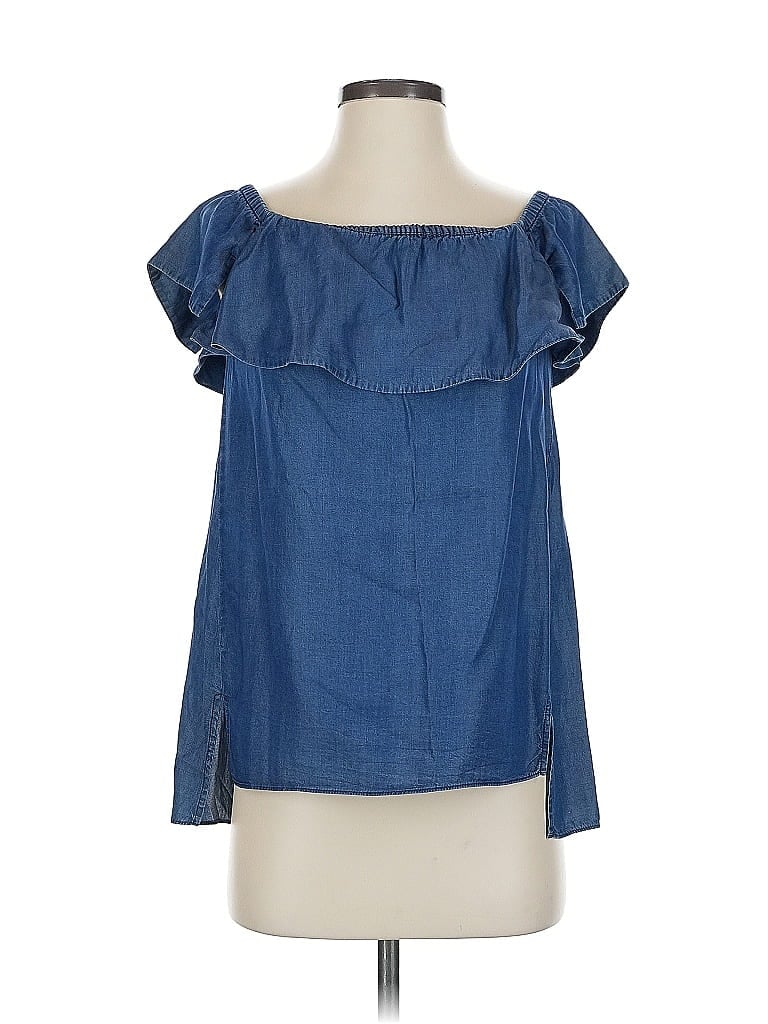 Pre-owned H By Halston Short Sleeve Blouse In Blue