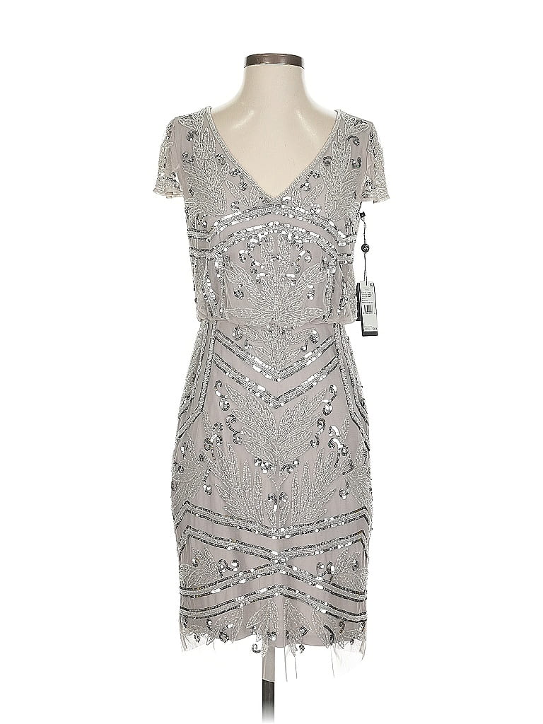 Robe Cocktail Chatoyante Sans Manches Adrianna Papell Taille 12 - Gris Argenté, Genoux, Neuve étiquetée
