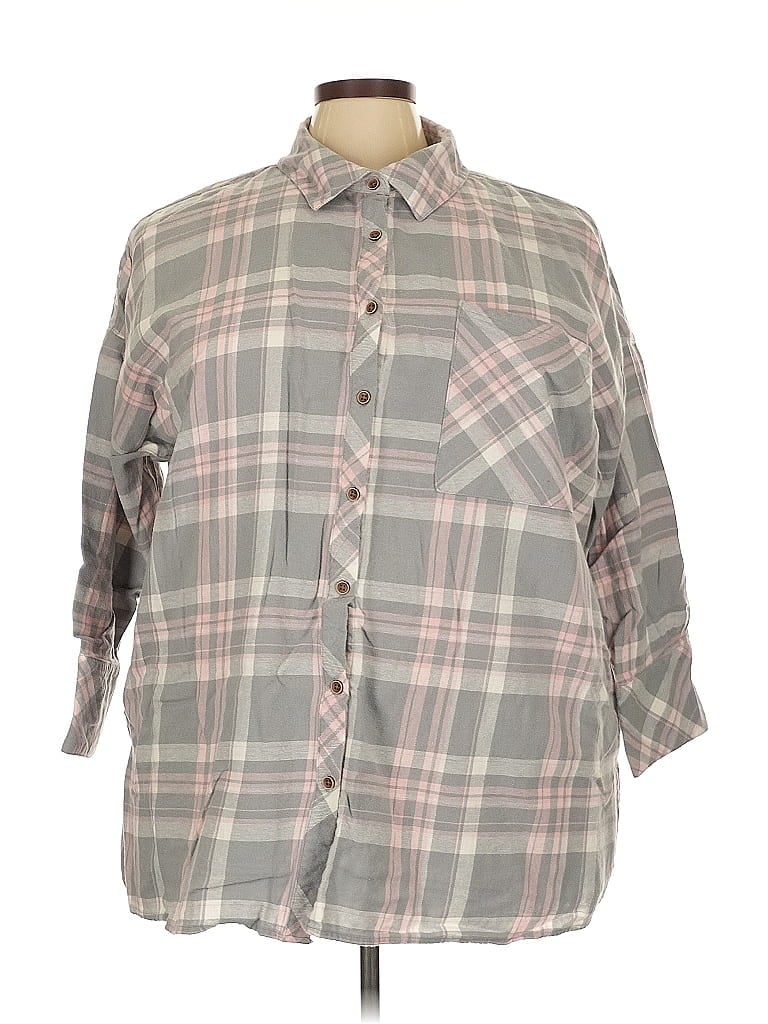 Roaman's 100% Cotton Plaid Gray 3/4 Sleeve Button-Down Shirt Size 26 - photo 1