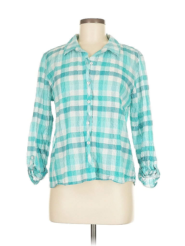 Habitat Plaid Teal 3/4 Sleeve Button-Down Shirt Size M - photo 1