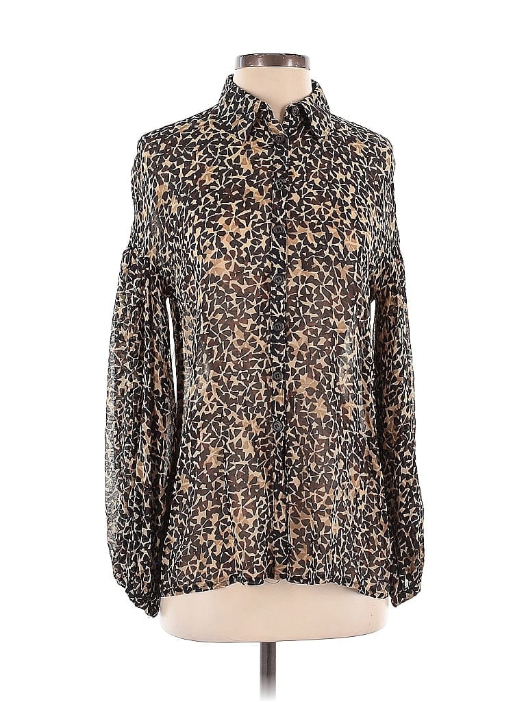 Click to view more detailed imagery on our partner's website Pre-owned Nanette Lepore Long Sleeve Silk Top Brown Animal Print Pattern Cold Shoulder Neckline Tops