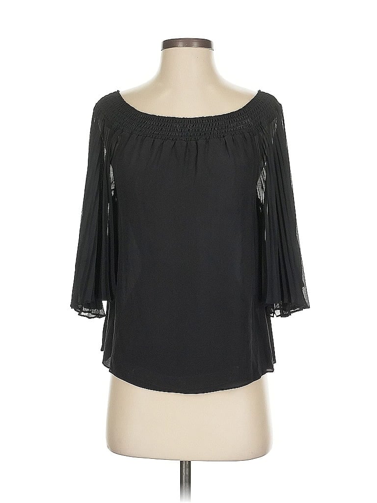Pre-owned Alice And Olivia Alice + Olivia 3/4 Sleeve Silk Top Black Off The Shoulder Neckline Tops