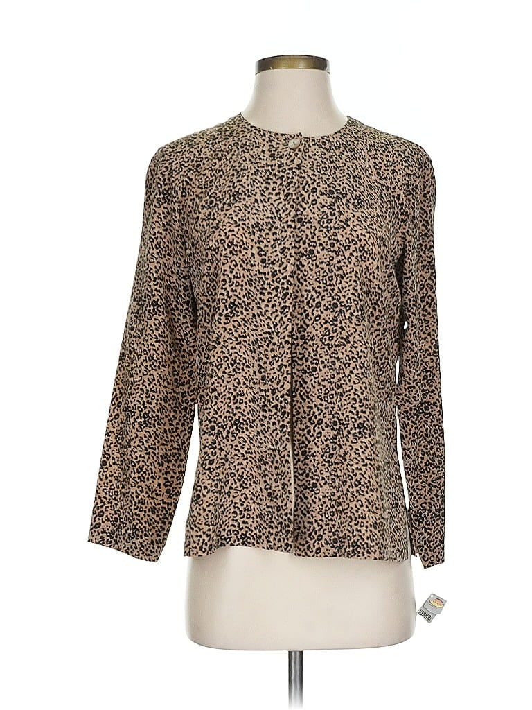 Talbots Long Sleeve Silk Top Tan Square Neckline Tops In Brown