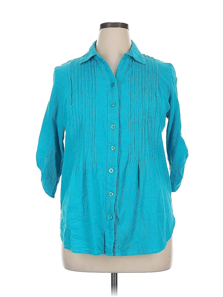 Woman Within 100% Cotton Teal 3/4 Sleeve Button-Down Shirt Size 14 - photo 1
