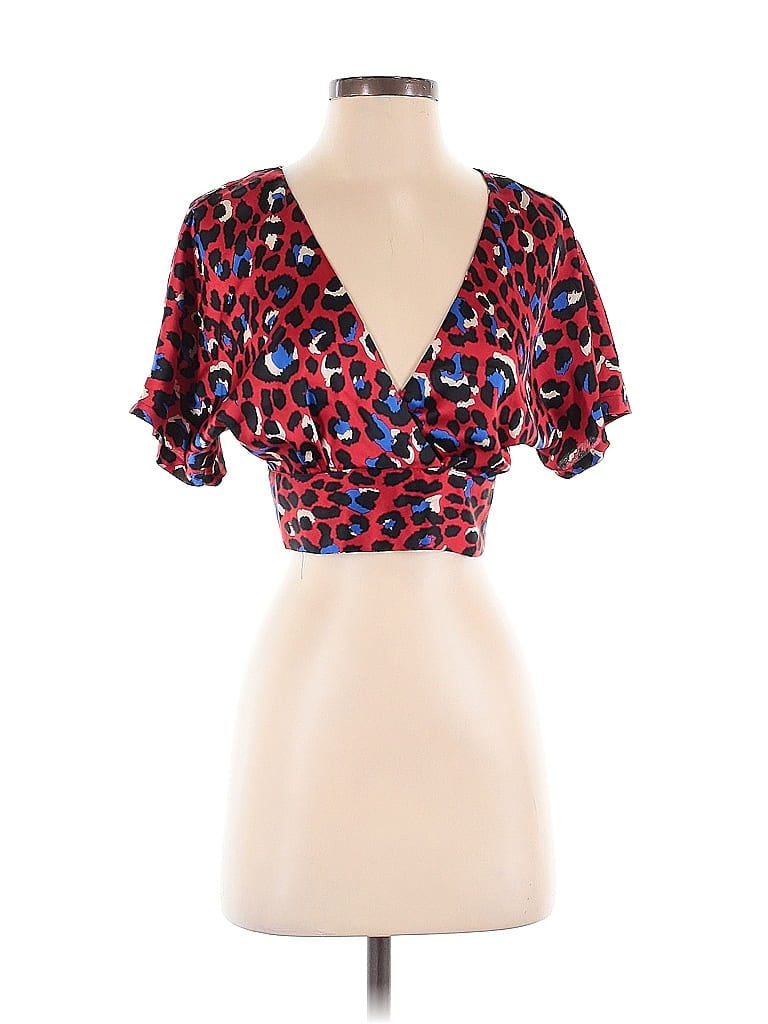 Pre-owned Superdown Short Sleeve Top Red Animal Print Pattern Plunge Neckline Tops