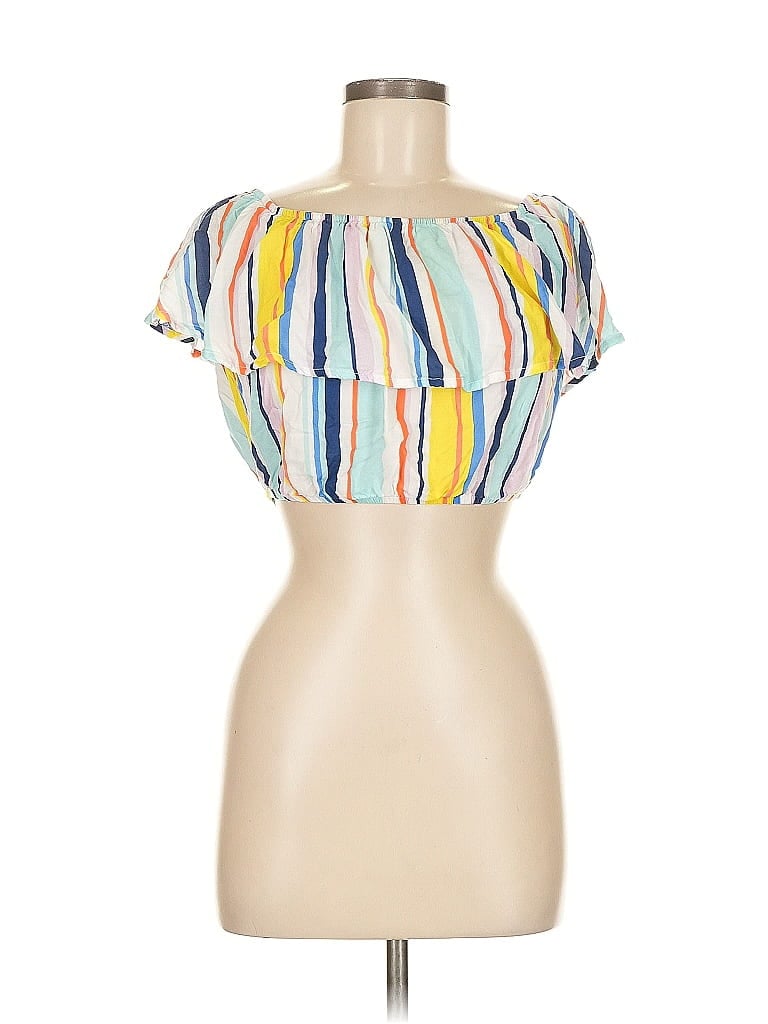 Click to view more detailed imagery on our partner's website Pre-owned Nanette Lepore Short Sleeve Top Yellow Stripes Pattern Off The Shoulder Neckline Tops