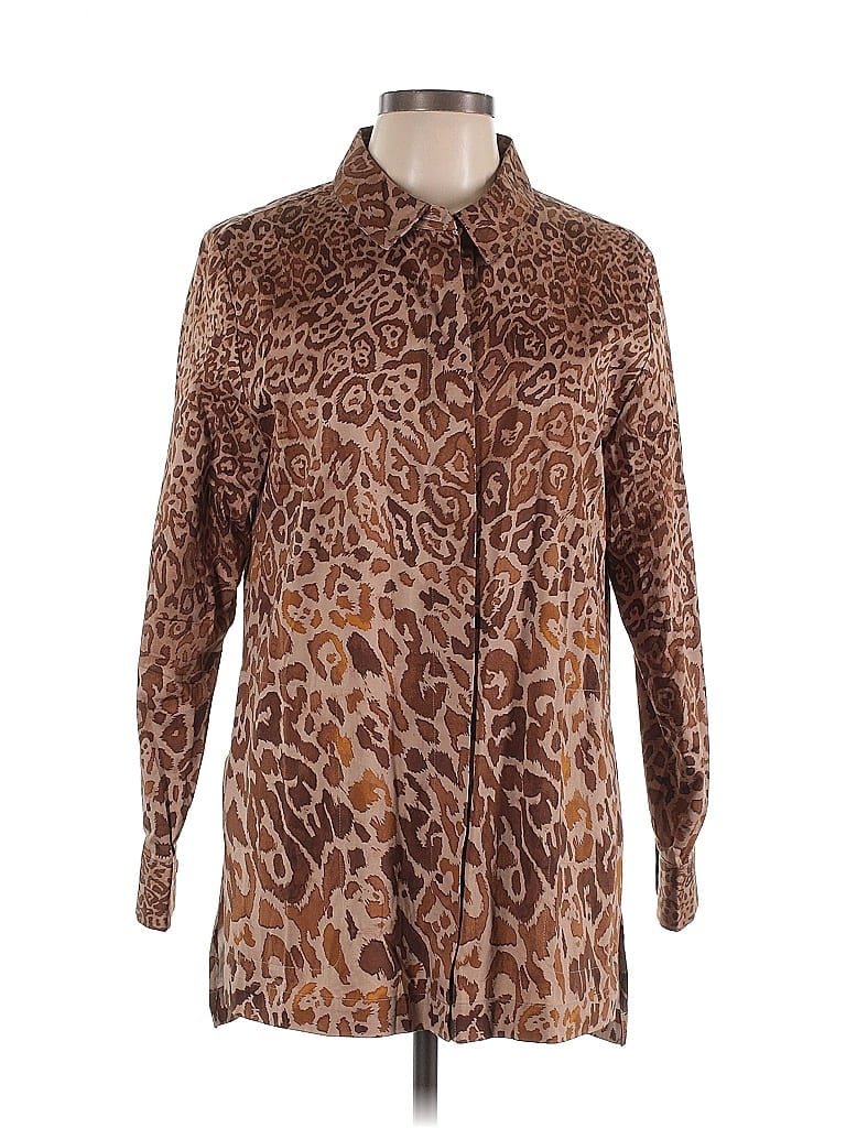 Isaac Mizrahi LIVE! Animal Print Brown Long Sleeve Button-Down Shirt Size 10 - photo 1