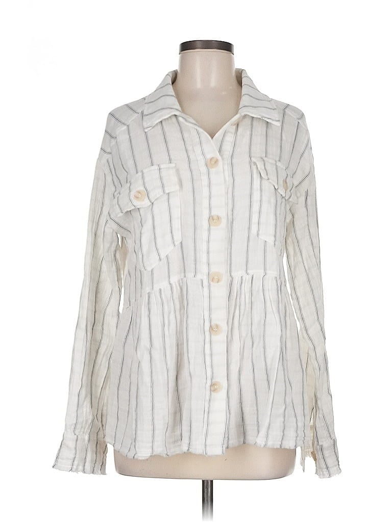 Mystree 100% Cotton Stripes Ivory Long Sleeve Button-Down Shirt Size M - photo 1