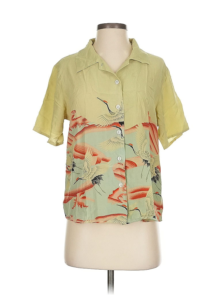 Citron 100% Silk Tropical Green Elegant Red Crane Pattern Shirt Size S ...