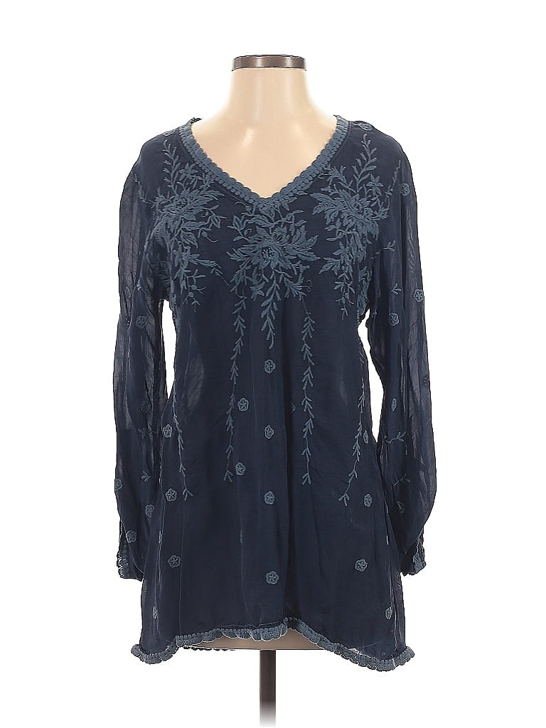 Johnny Was Size L Women's Blue Solid V Neck Long Sleeve Top main image 1