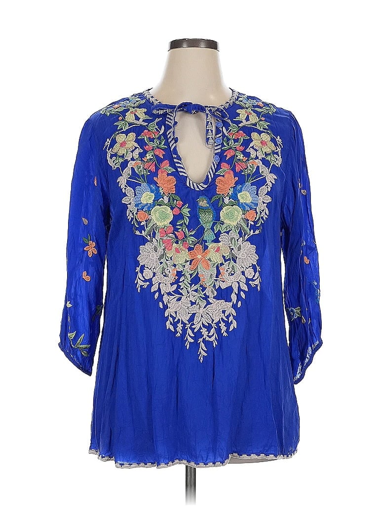 Johnny Was 100% Rayon Floral Blue 3/4 Sleeve Blouse Size XL - photo 1