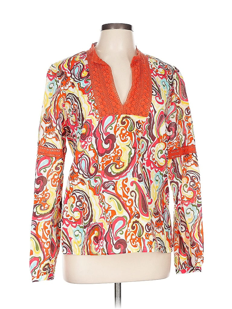 Saks Fifth Avenue 100% Cotton Paisley Orange Long Sleeve Blouse Size 12 - photo 1