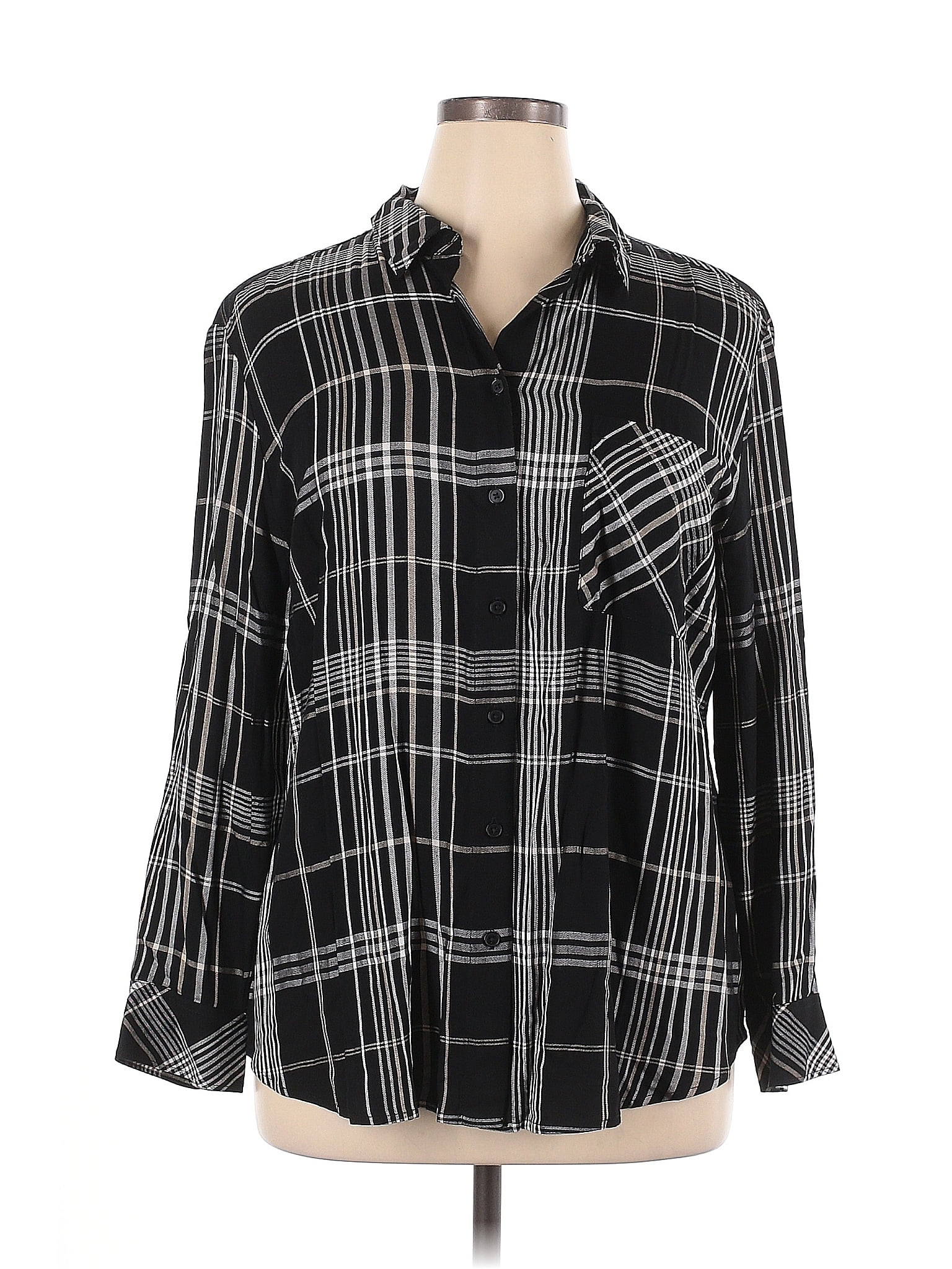 Chico&apos;s 100% Rayon Plaid Black Long Sleeve Button-Down Shirt Size XL