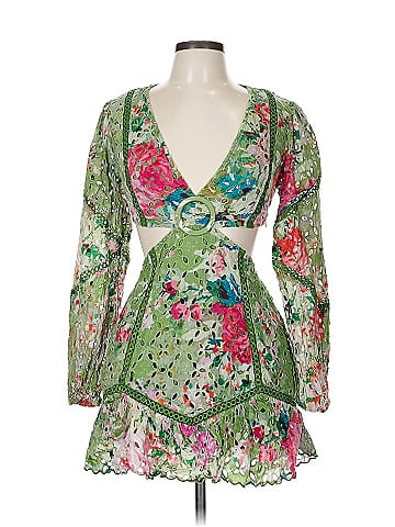Hemant & Nandita 100% Cotton Floral Green Cocktail Dress Size M