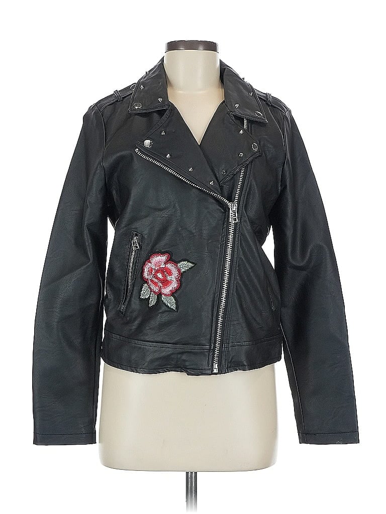Ci Sono 100% Polyurethane Floral Black Faux Leather Jacket Size M - photo 1