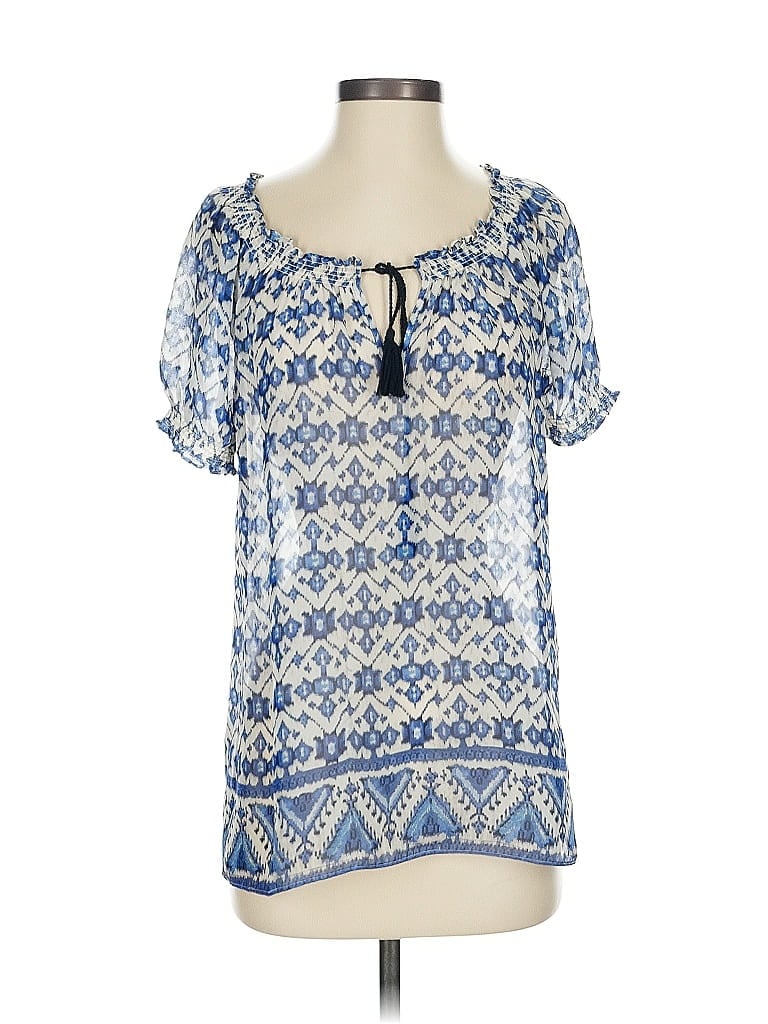 Click to view more detailed imagery on our partner's website Pre-owned Joie Short Sleeve Silk Top Blue Keyhole Neckline Tops