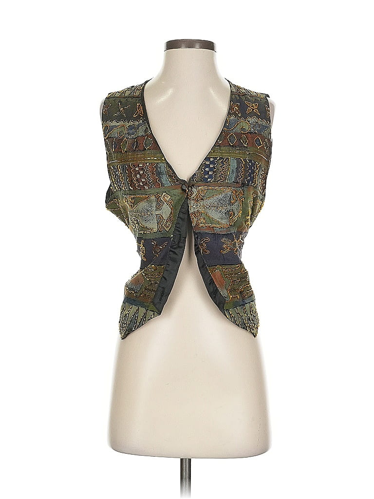 Naomi 100% Rayon Green 1990s Artistic Black Vest with Geometric Pattern ...