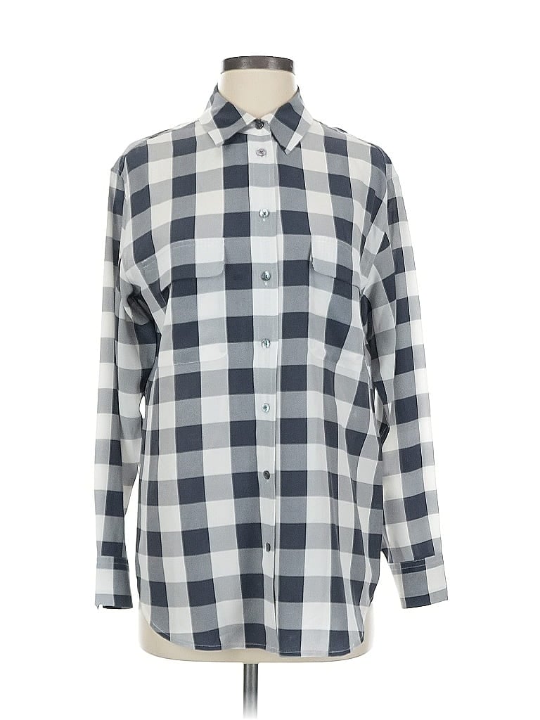 Equipment 100% Silk Checkered-gingham Gray Long Sleeve Silk Top Size S - photo 1