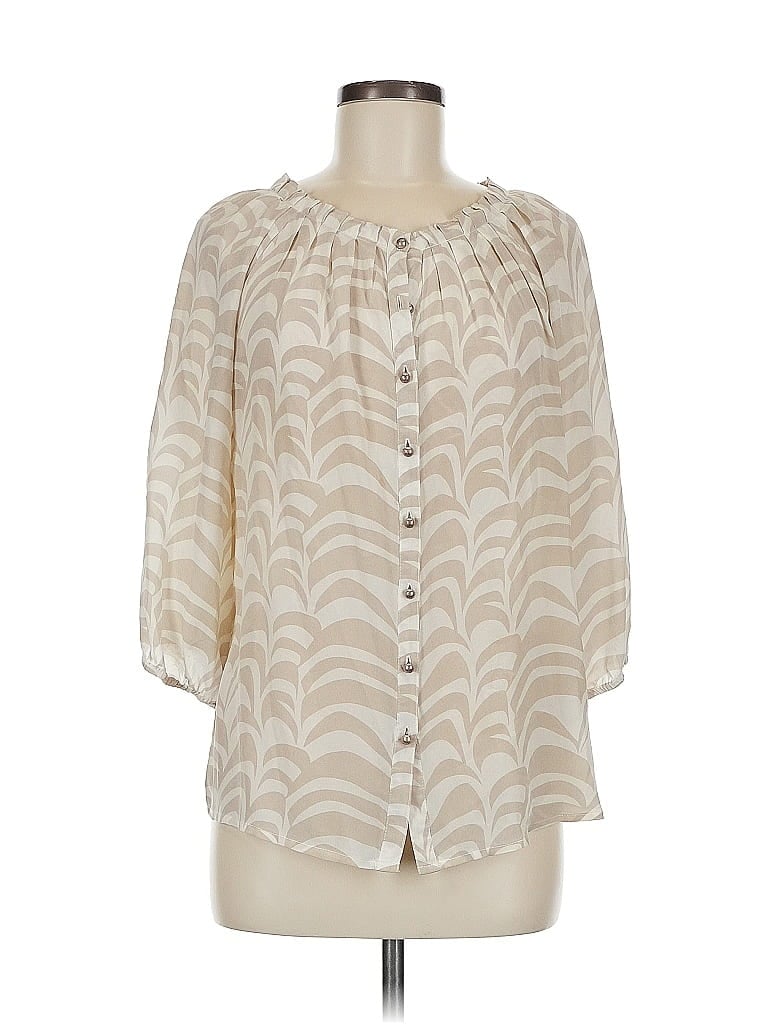 Pre-owned Ellie Kai 3/4 Sleeve Silk Top Ivory Sweetheart Neckline Tops In White