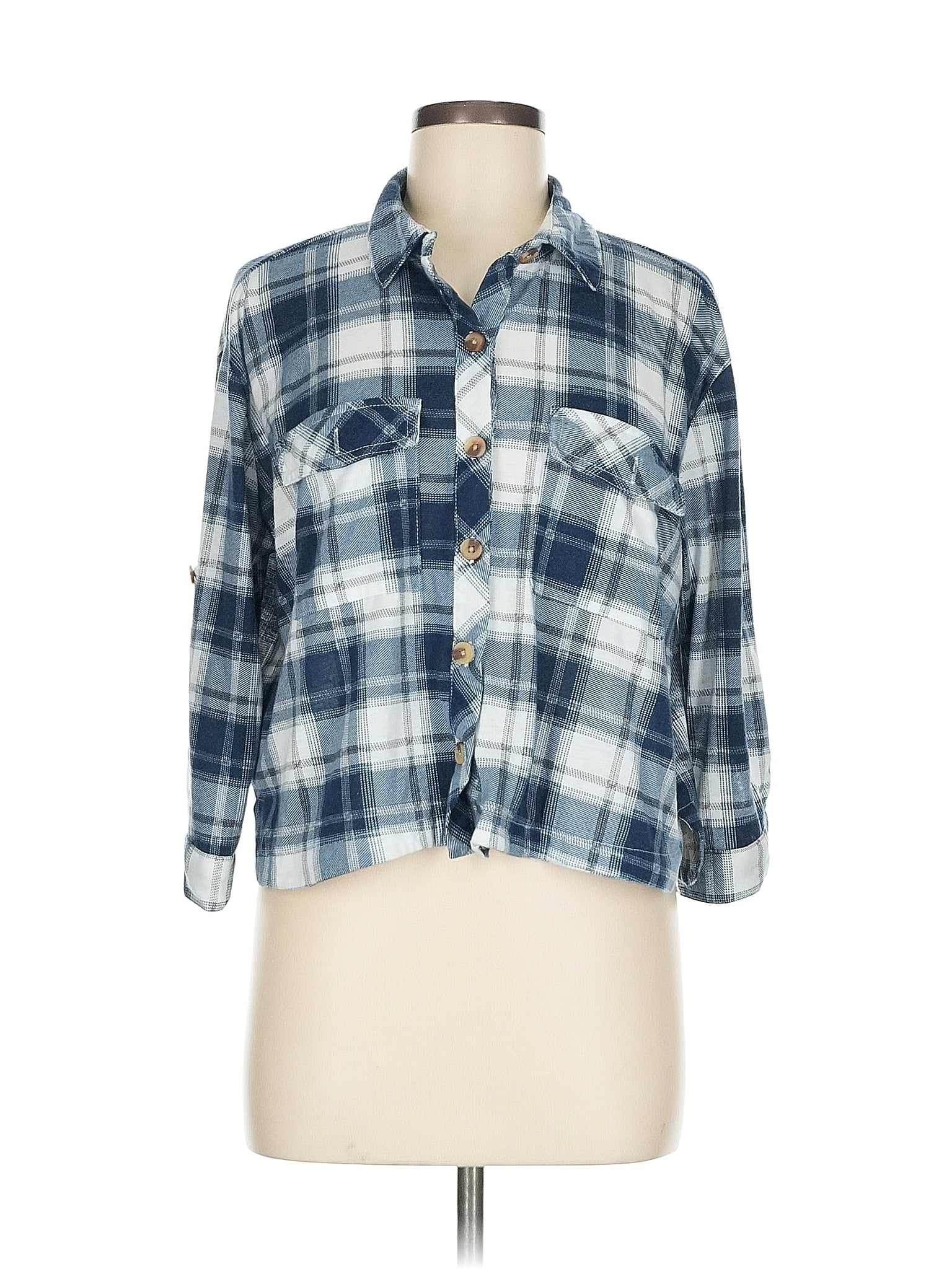 Eden &amp; Olivia 100% Polyester Plaid Blue 3/4 Sleeve Blouse Size M