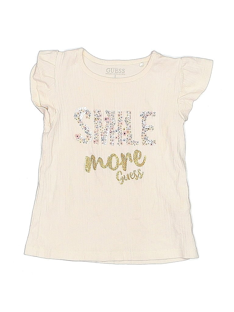 Pre-owned Guess Kids' Short Sleeve Top Ivory Ruffles Neckline Tops In White