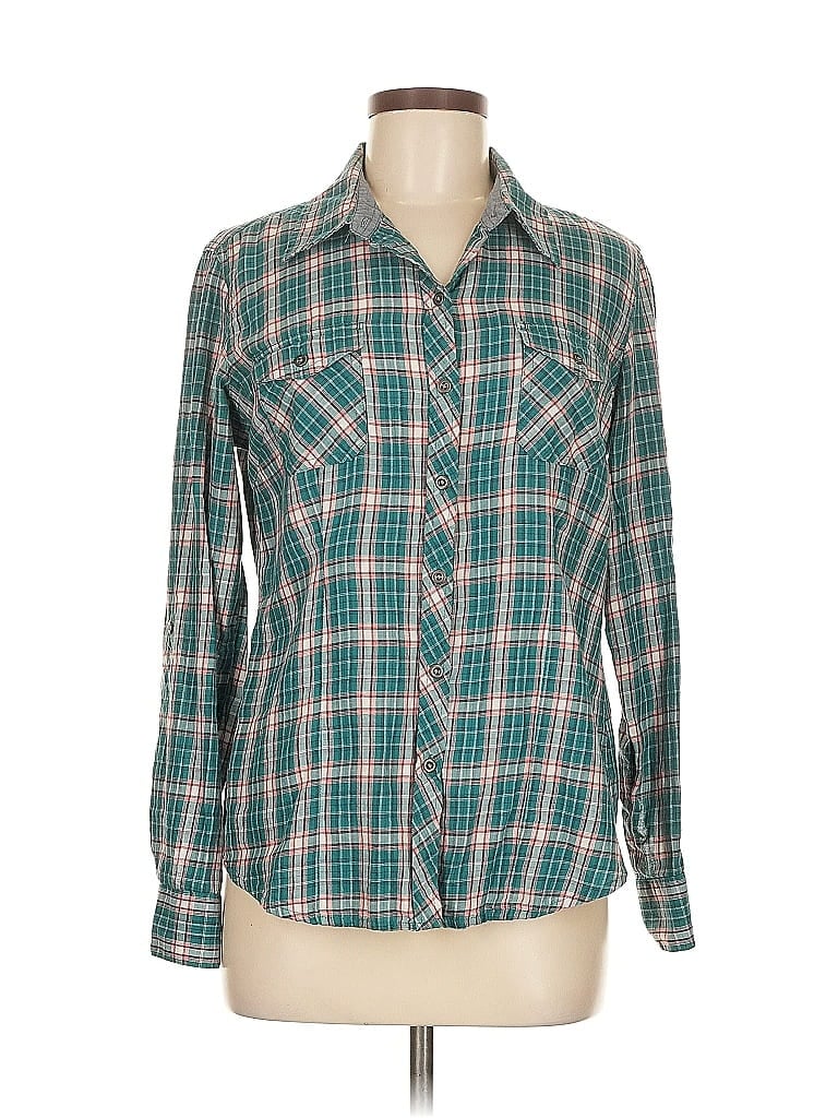 Natural Reflections 100% Cotton Plaid Teal Long Sleeve Button-Down Shirt Size M - photo 1