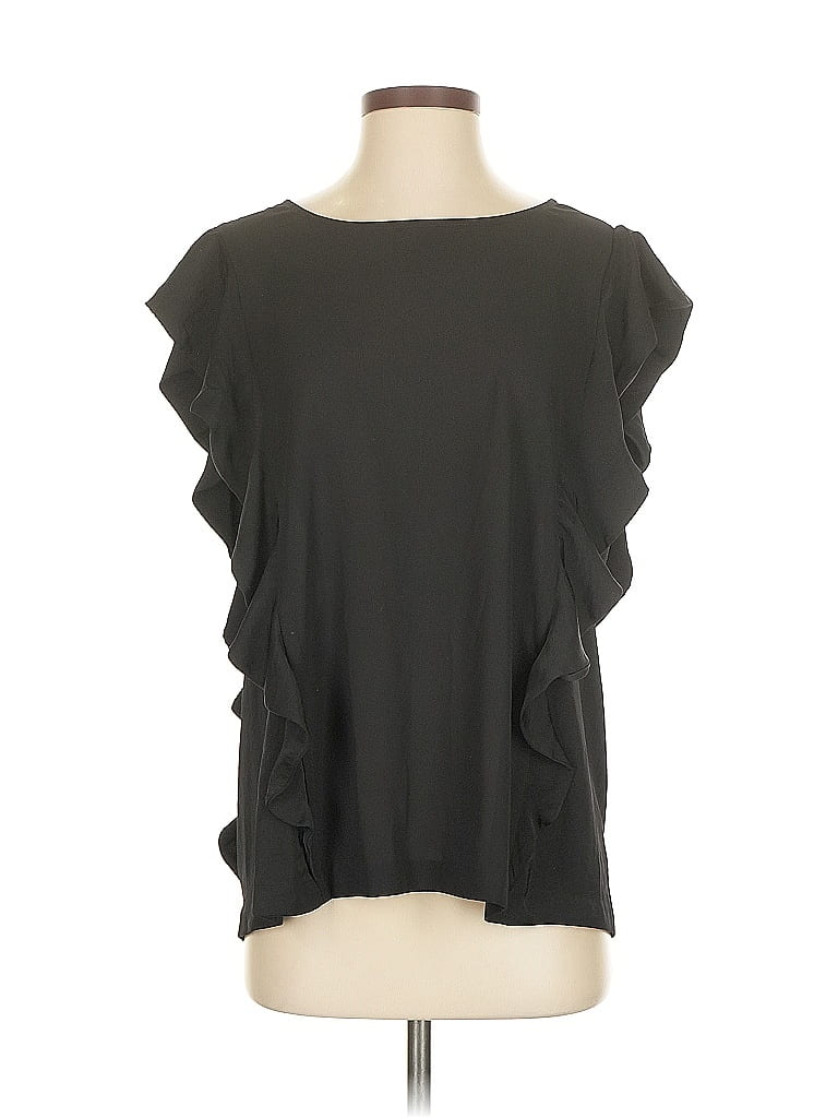 Pre-owned Halogen Short Sleeve Top Black Ruffles Neckline Tops