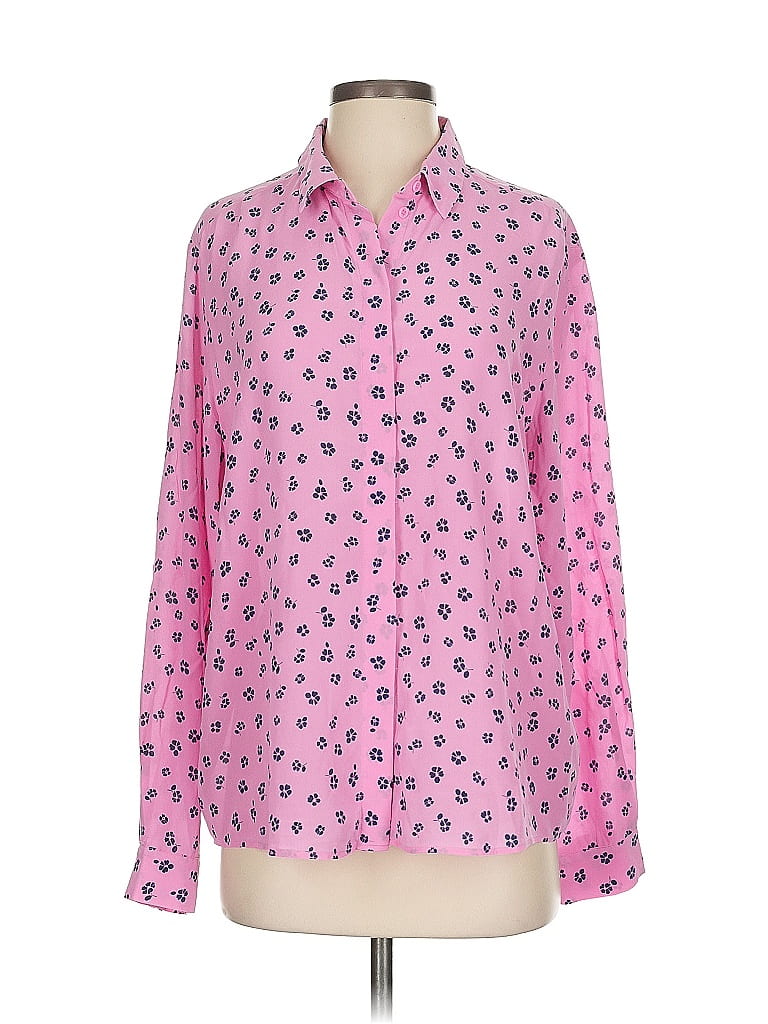 Pre-owned Paris Atelier & Other Stories Long Sleeve Silk Top Pink Hearts Pattern Collared Neckline Tops