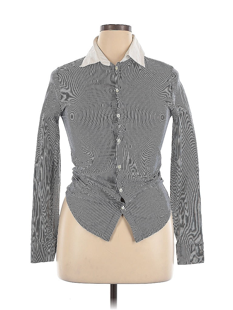 ETRO 100% Cotton Stripes Gray Black Long Sleeve Blouse Size L - photo 1