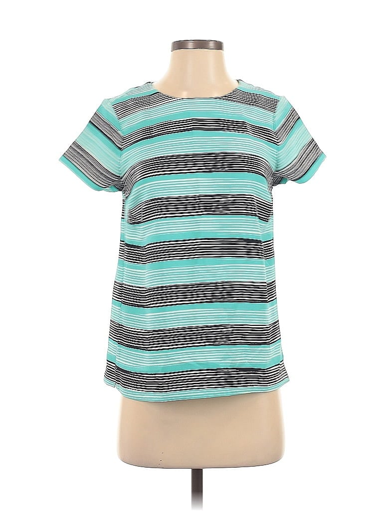 Pre-owned The Limited Short Sleeve Top Teal Stripes Pattern Scoop Neck Tops In Blue