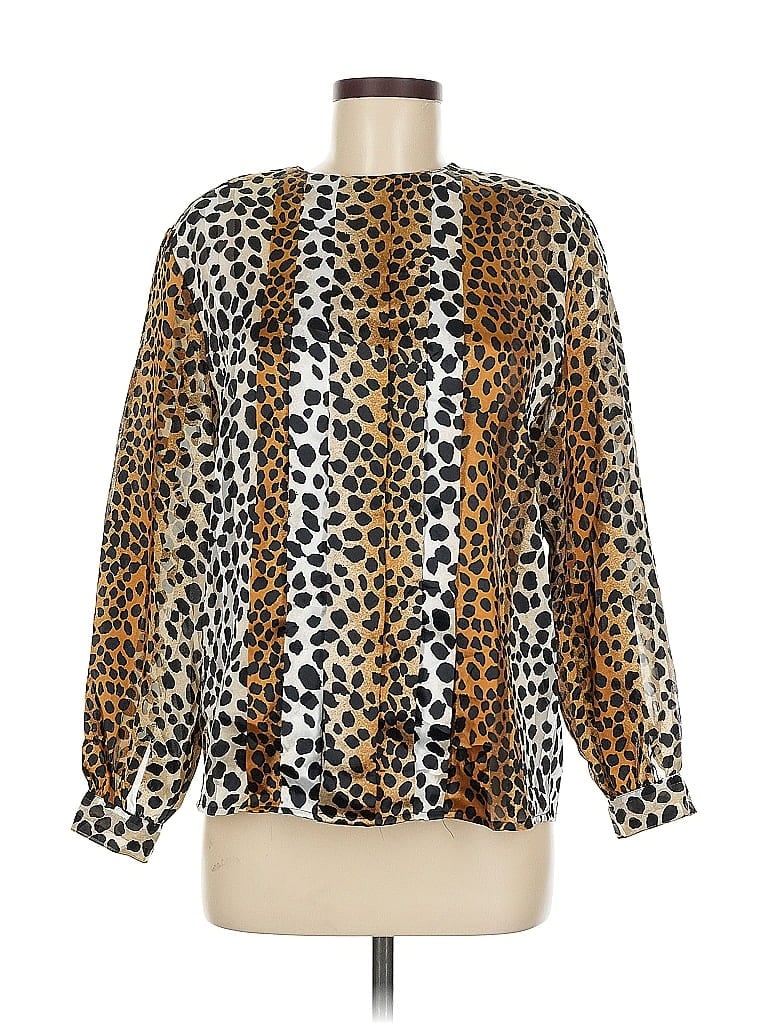 Fiji 100% Polyester Animal Print Gold Brown Leopard Print Polyester Blouse Size 8 - photo 1