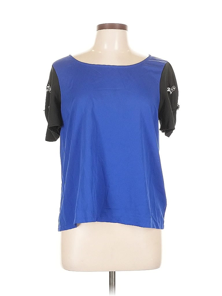 Pre-owned Lc Lauren Conrad Short Sleeve Top Blue Color Block Pattern Square Neckline Tops