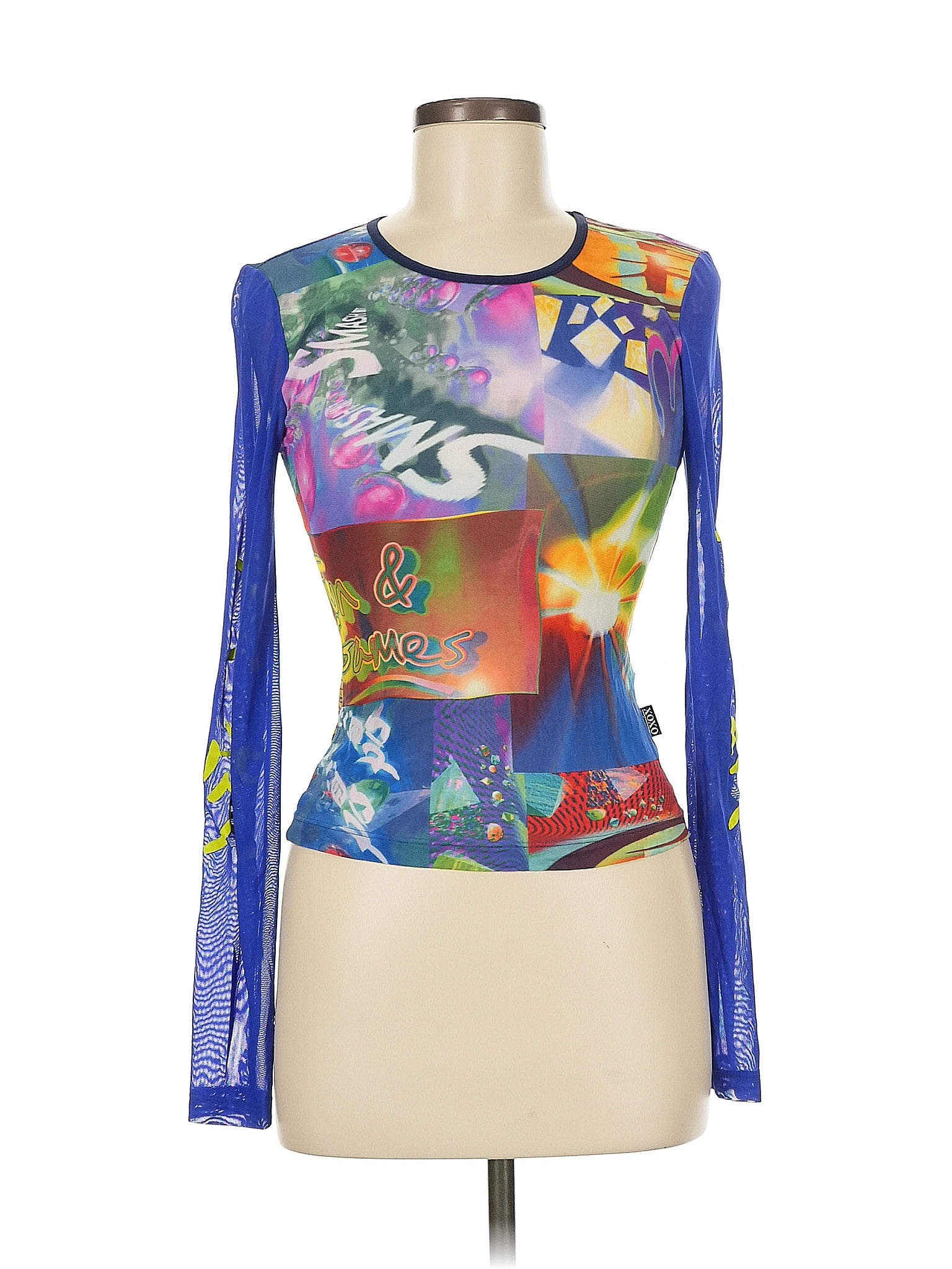 Jeans 100% Nylon Blue Colorful Long Sleeve Abstract Print Top Size M