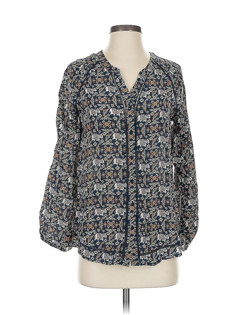 Click to view more detailed imagery on our partner's website Pre-owned Tolani 3/4 Sleeve Silk Top Blue Floral Pattern Keyhole Neckline Tops