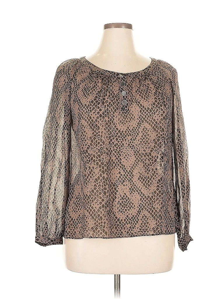 Pre-owned Jaeger Long Sleeve Silk Top Brown Square Neckline Tops