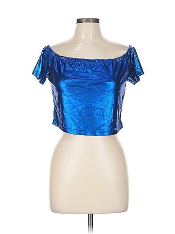 Allegra K Blue Metallic Off-Shoulder Top (view 1)