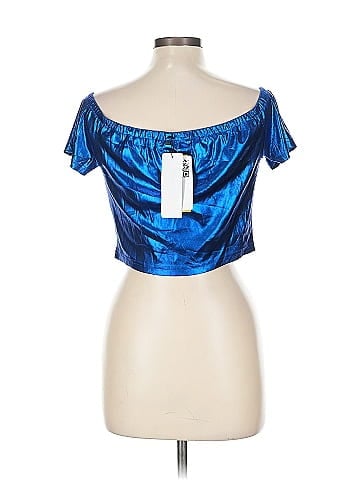 Allegra K Blue Metallic Off-Shoulder Top (view 2)