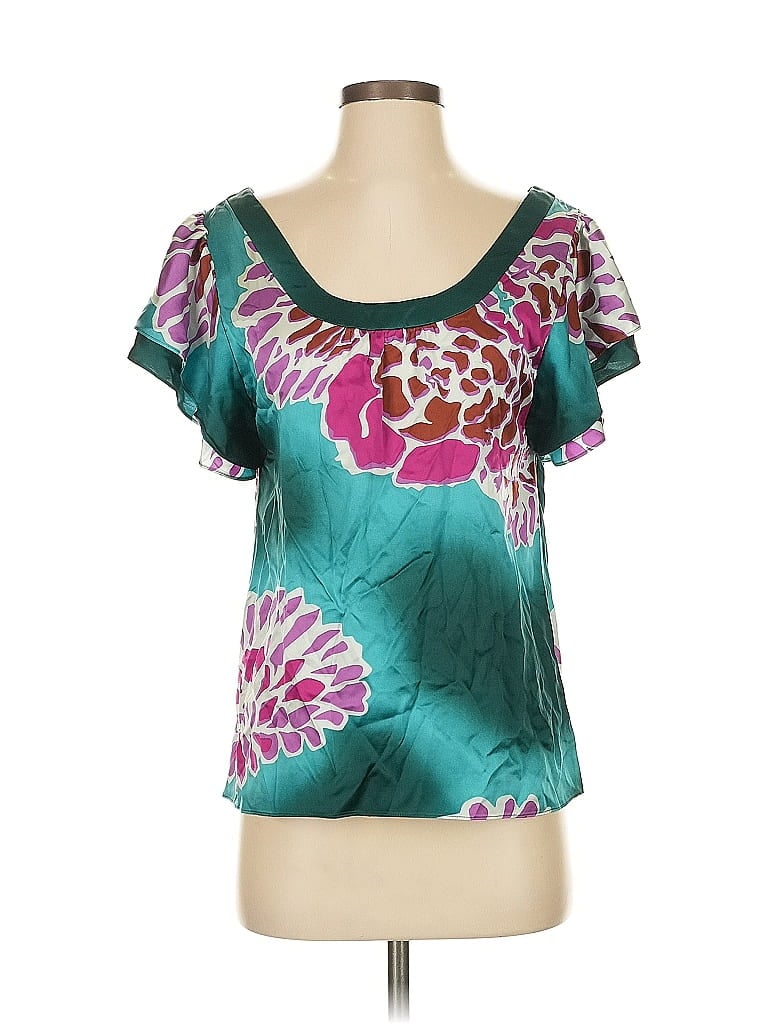 Pre-owned Tibi Short Sleeve Silk Top Teal Scoop Neck Tops In Blue