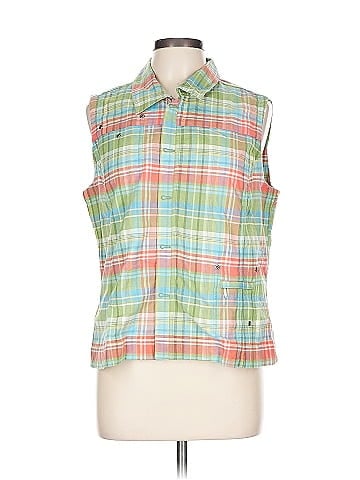 Christopher & Banks Green Plaid Sleeveless Button-Down Shirt (view 1)