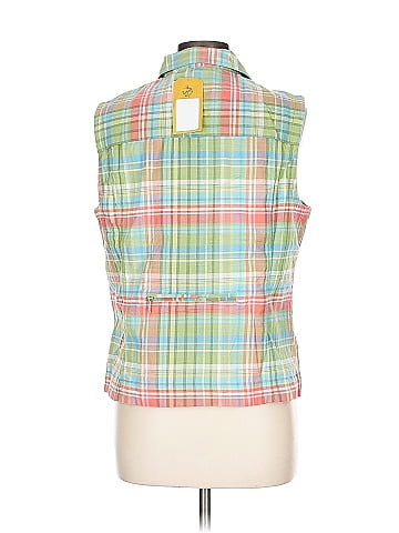 Christopher & Banks Green Plaid Sleeveless Button-Down Shirt (view 2)