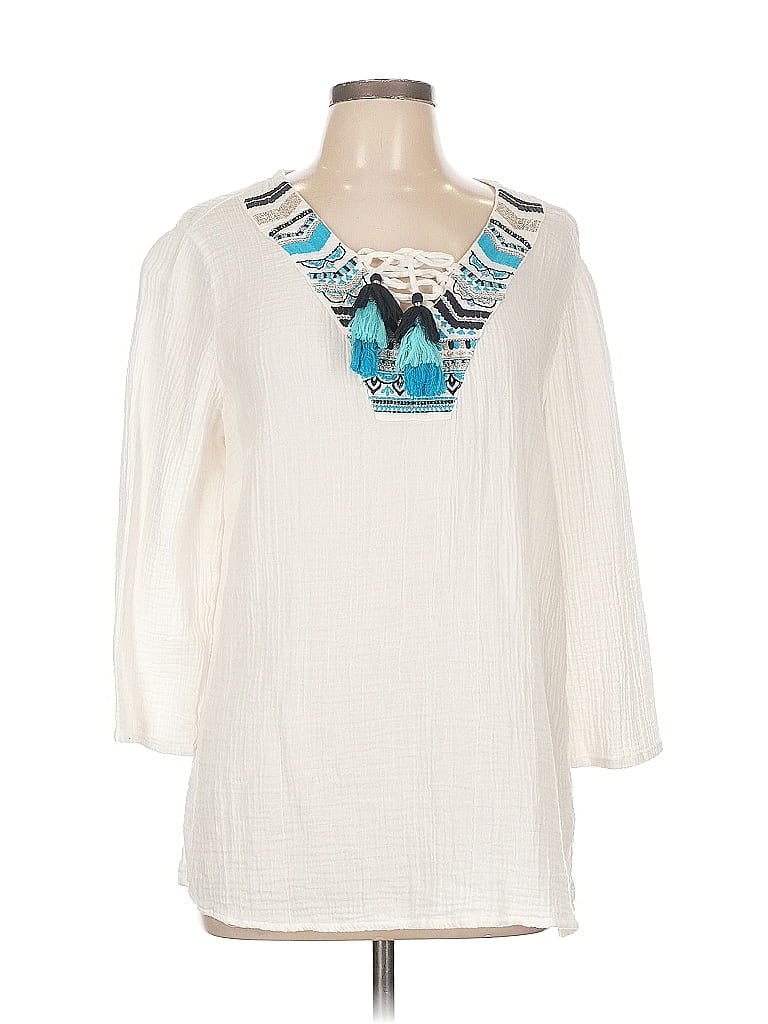 JM Collection 100% Cotton Ivory 3/4 Sleeve Blouse Size L - photo 1