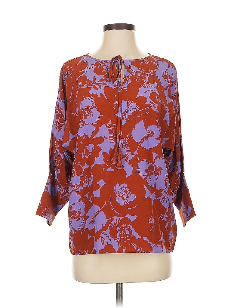 Pre-owned Tyler Boe 3/4 Sleeve Silk Top Burgundy Tie Neck Tops